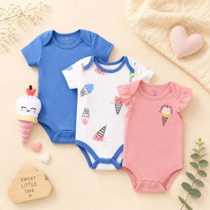 Luxe Baby 3-Piece Cotton Ice-cream Bodysuit Gift Set with Plush Rattle (0–9M)