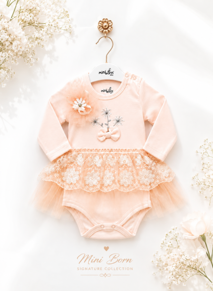Miniborn peach petals frock with headband (0-9 months)