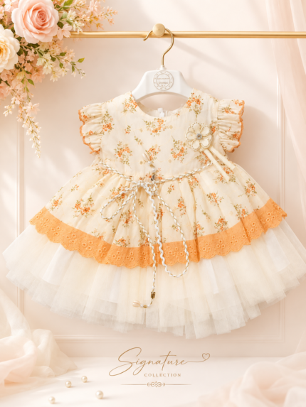 Exclusive chicken kari peach floral frock with leggings (3-24 months)