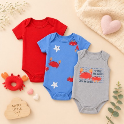 Luxe Baby 3-Piece Cotton Crab Bodysuit Gift Set with Plush Rattle (0–6M)