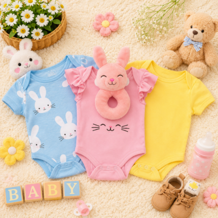 Luxe Baby 3-Piece Cotton Bunny Bodysuit Gift Set with Plush Rattle (0–3M)